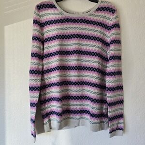 Talbots Women's Large Cotton Blend Fair Isle Blue Pink Zip Back Cardigan Sweater